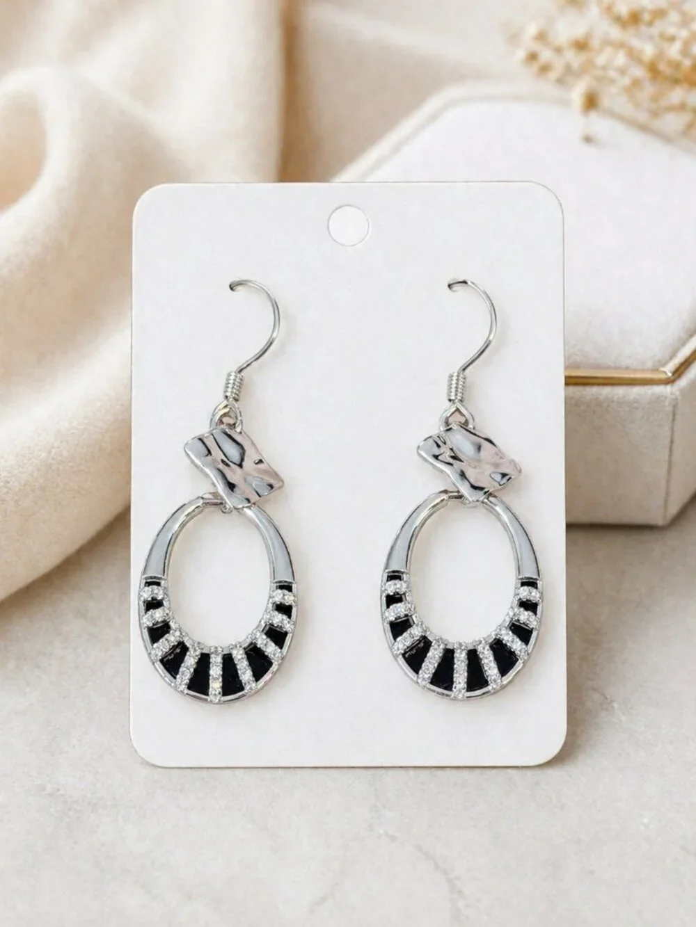 Silver Ethnic Oval Hoop Dangle Earrings Black Accent Mother's Day Gift